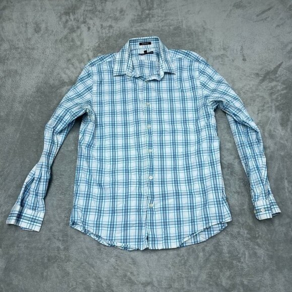 Express Mens Modern Fit Plaid Button-Up Shirt L Size 16-16.5 Blue & White a1184 - Picture 1 of 9